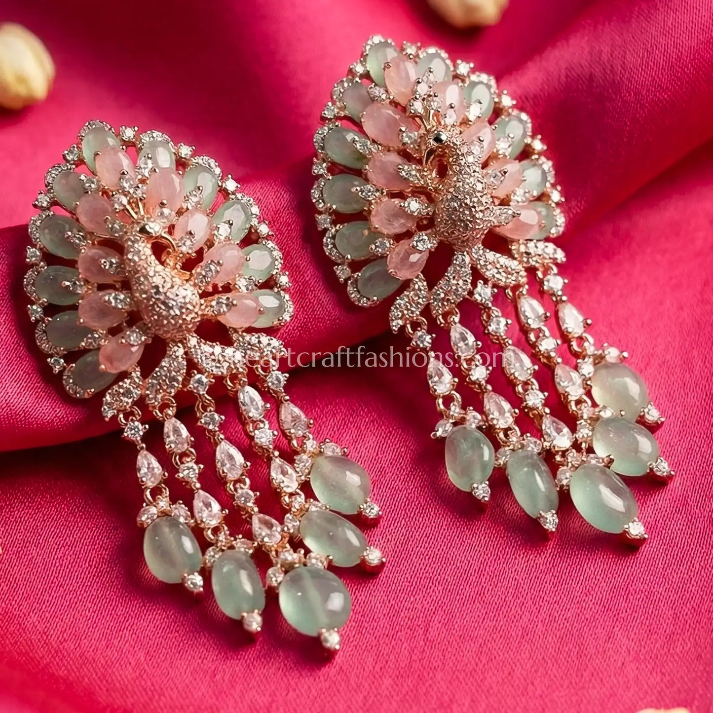Zircon Floral Drop Earrings – Rose Gold Pastel Pink & Mint