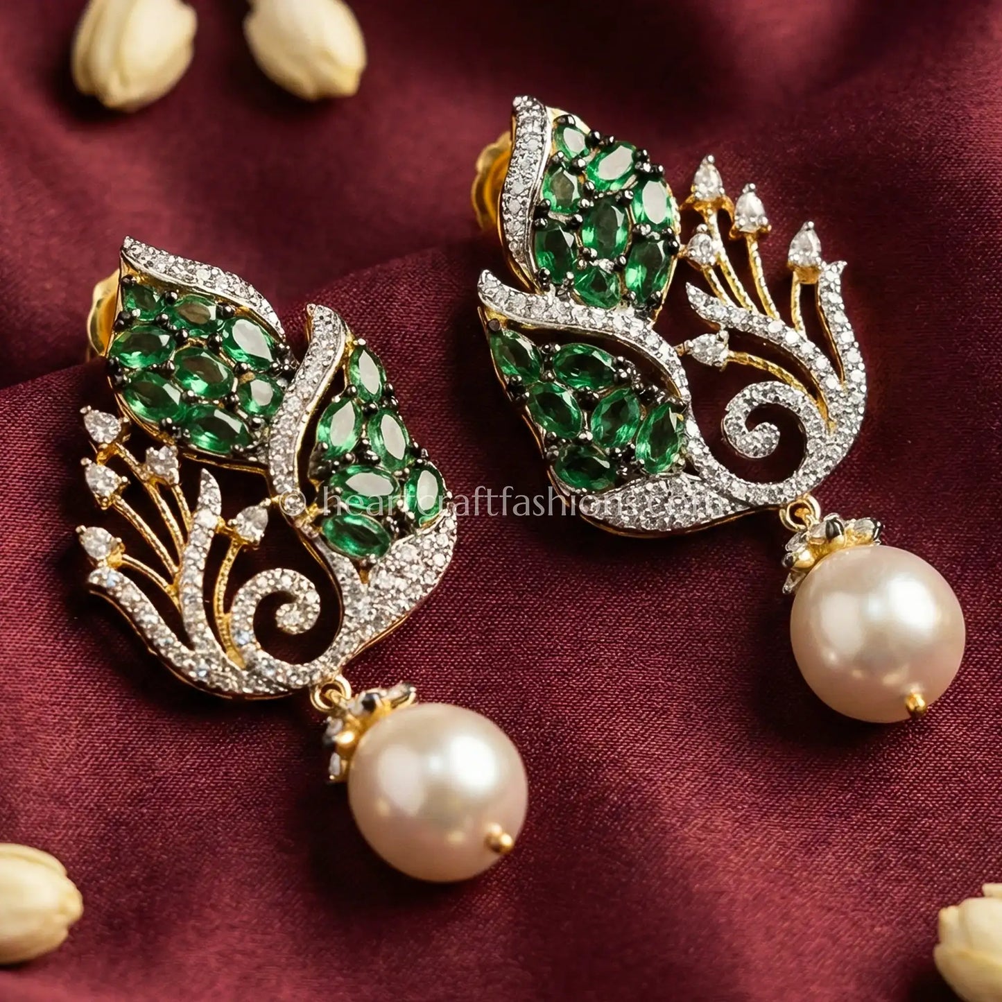 Zircon Pearl Drop Earrings – Emerald Green