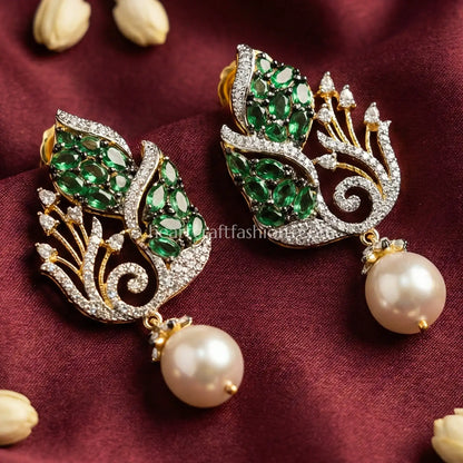 Zircon Pearl Drop Earrings – Emerald Green