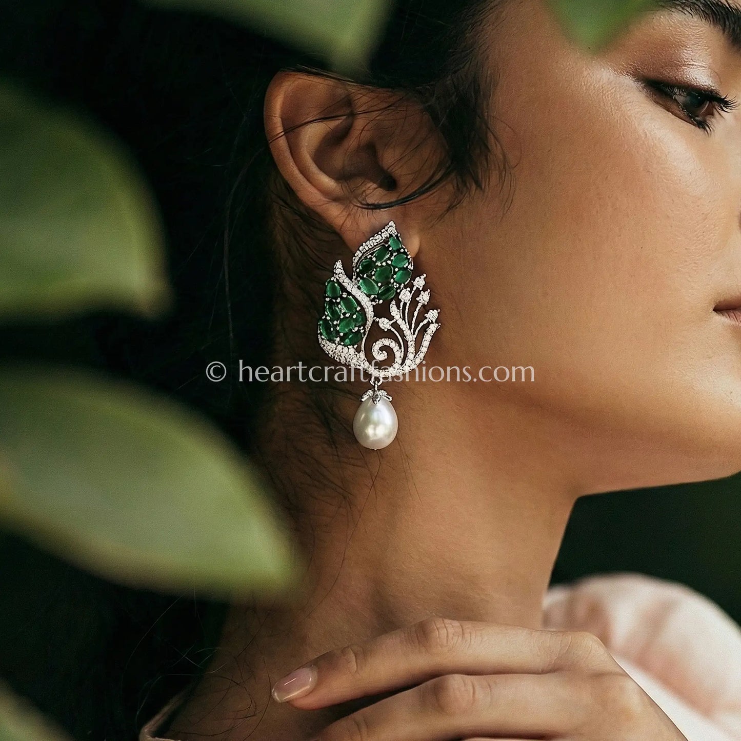 Zircon Pearl Drop Earrings – Emerald Green
