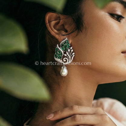 Zircon Pearl Drop Earrings – Emerald Green