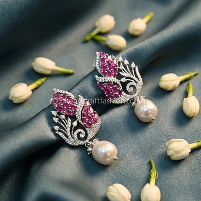 Zircon Pearl Drop Earrings – Fuchsia Pink