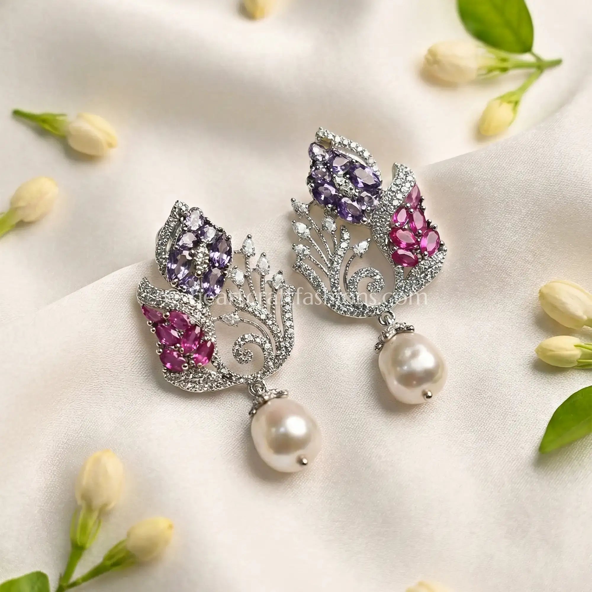 Zircon Pearl Drop Earrings – Pink & Lavender