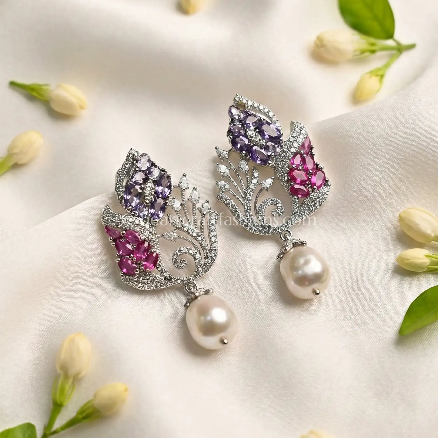 Zircon Pearl Drop Earrings – Pink & Lavender