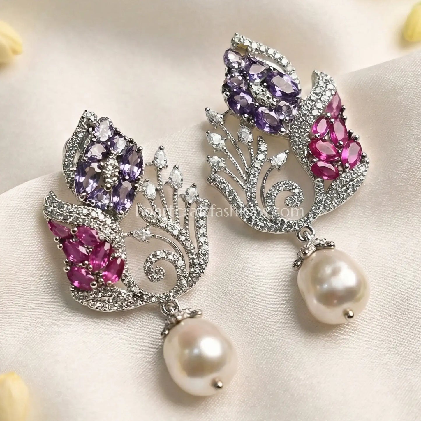 Zircon Pearl Drop Earrings – Pink & Lavender